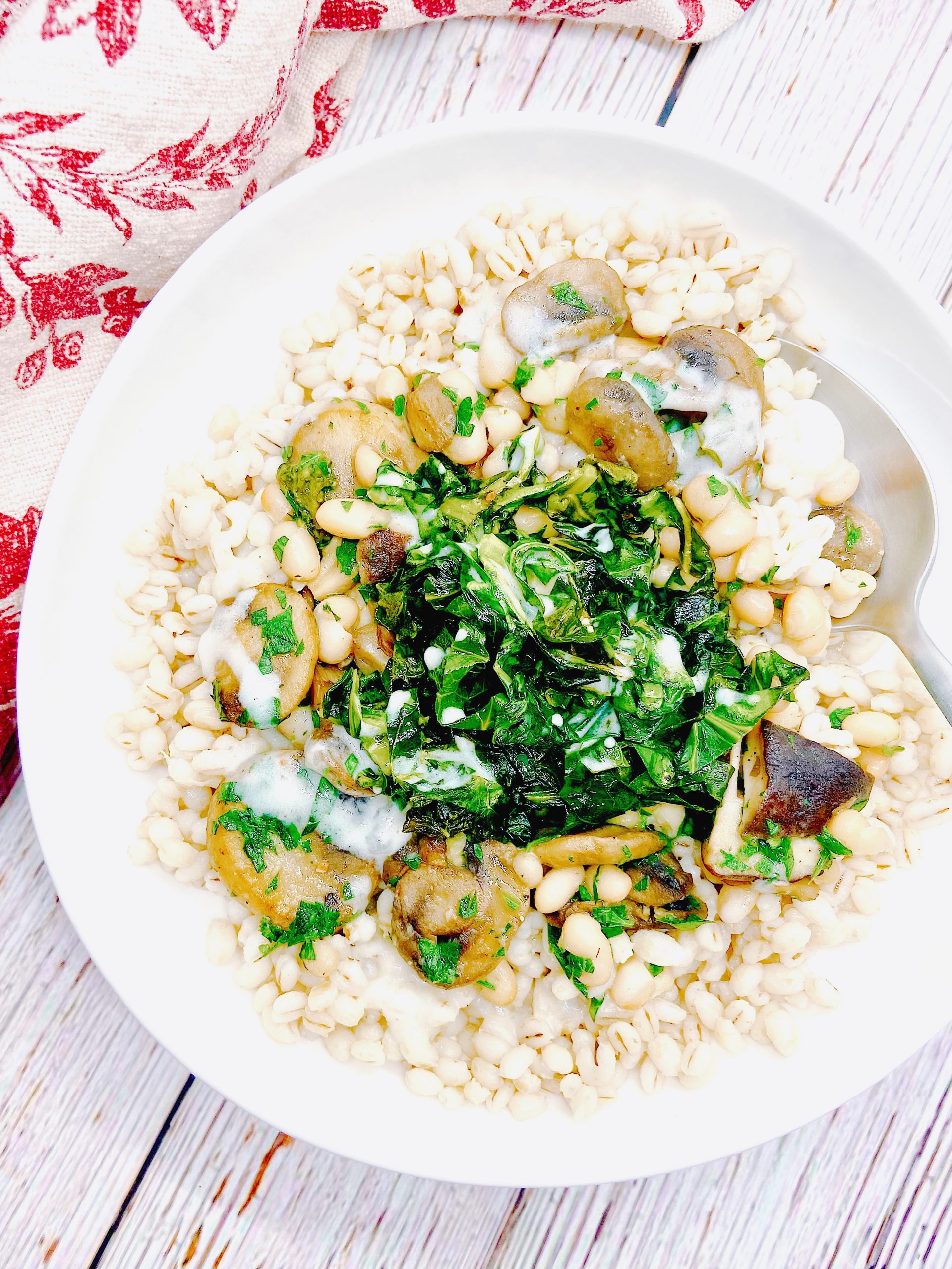 mushroom barley bowl coconut gravy sautéed greens